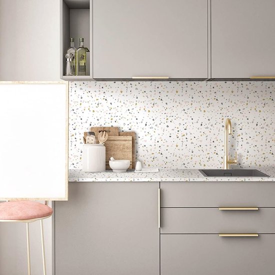 Terrazzo-effect, zelfklevende meubelstickers, tafel-,paneel-, woonkamer-, slaapkamersticker, behang/vloer, muursticker, vinyl, witgrijze Terrazzo- kleur