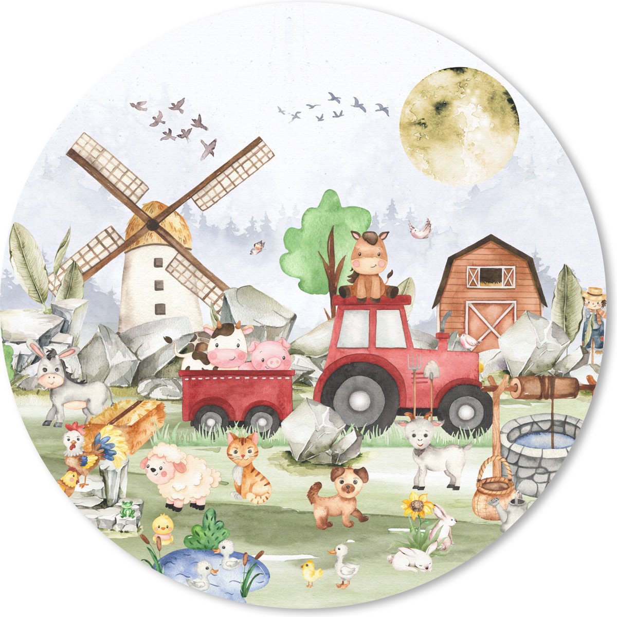 Muismat rond 20x20 cm - Mousepad Boerderij - Trekker - Kinderen - Dieren - Ronde muismatten