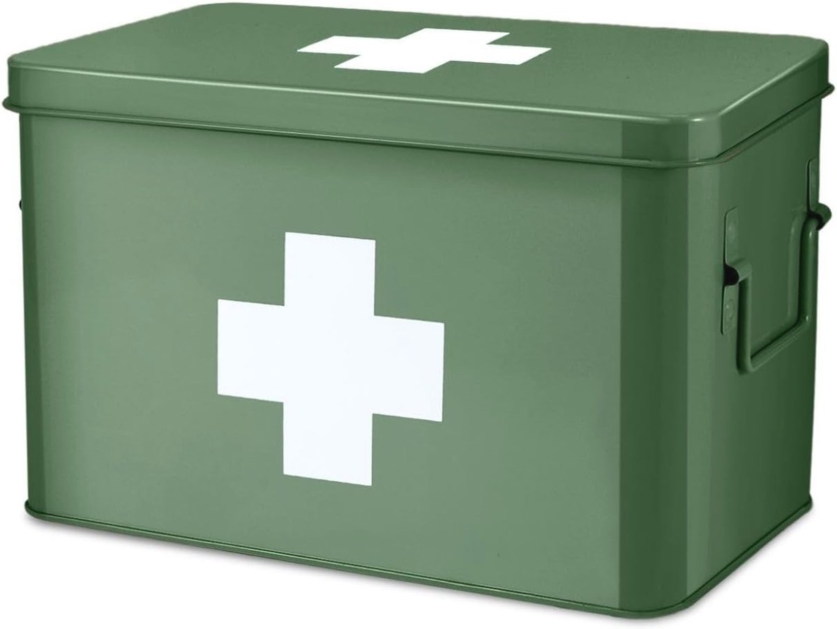 Goedkoopste Medicijnbox voor Noodgevallen - Metalen Apotheekbox met Afneembaar Dienblad en 5 Vakken - 31 x 21 cm - Groene Opbergdoos