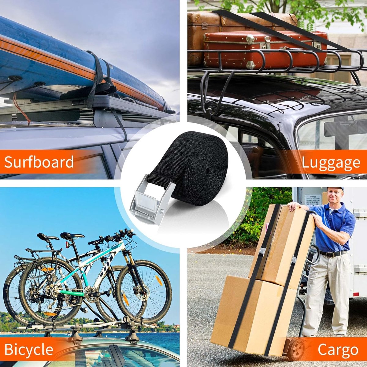 Accessoire Fixation Bagages Lot De 6 Sangles D'arrimage 1m - Boucle De Serrage Inox - Pour Porte-vélos, Bagages, Transport Sangle Serrage