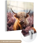 MuchoWow® Glasschilderij 50x50 cm - Schilderij acrylglas - Schotse hooglander - Dieren portret - Bloemen - Dier - Foto op glas - Muurdecoratie woonkamer - Wanddecoratie slaapkamer - Schilderijen