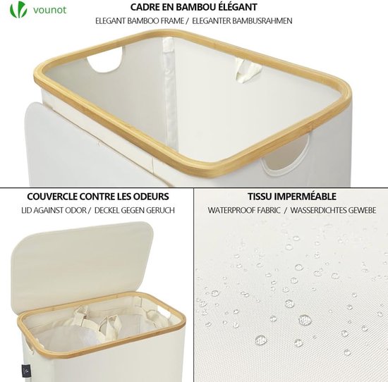 VOUNOT Wasmand met Deksel 100L, Opvouwbare Wasemmer met Uitneembare Waszakken, Wasmanden Wasbox Smal, Beige