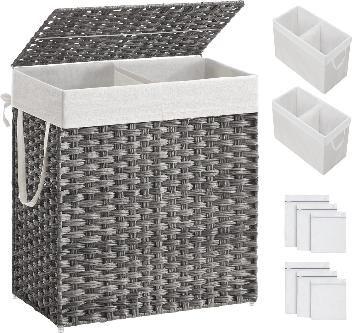 Goedkoopste Wasmand 110 liter met Deksel en 2 Vakken – Handgeweven Synthetisch Rotan voor Slaapkamer en Badkamer