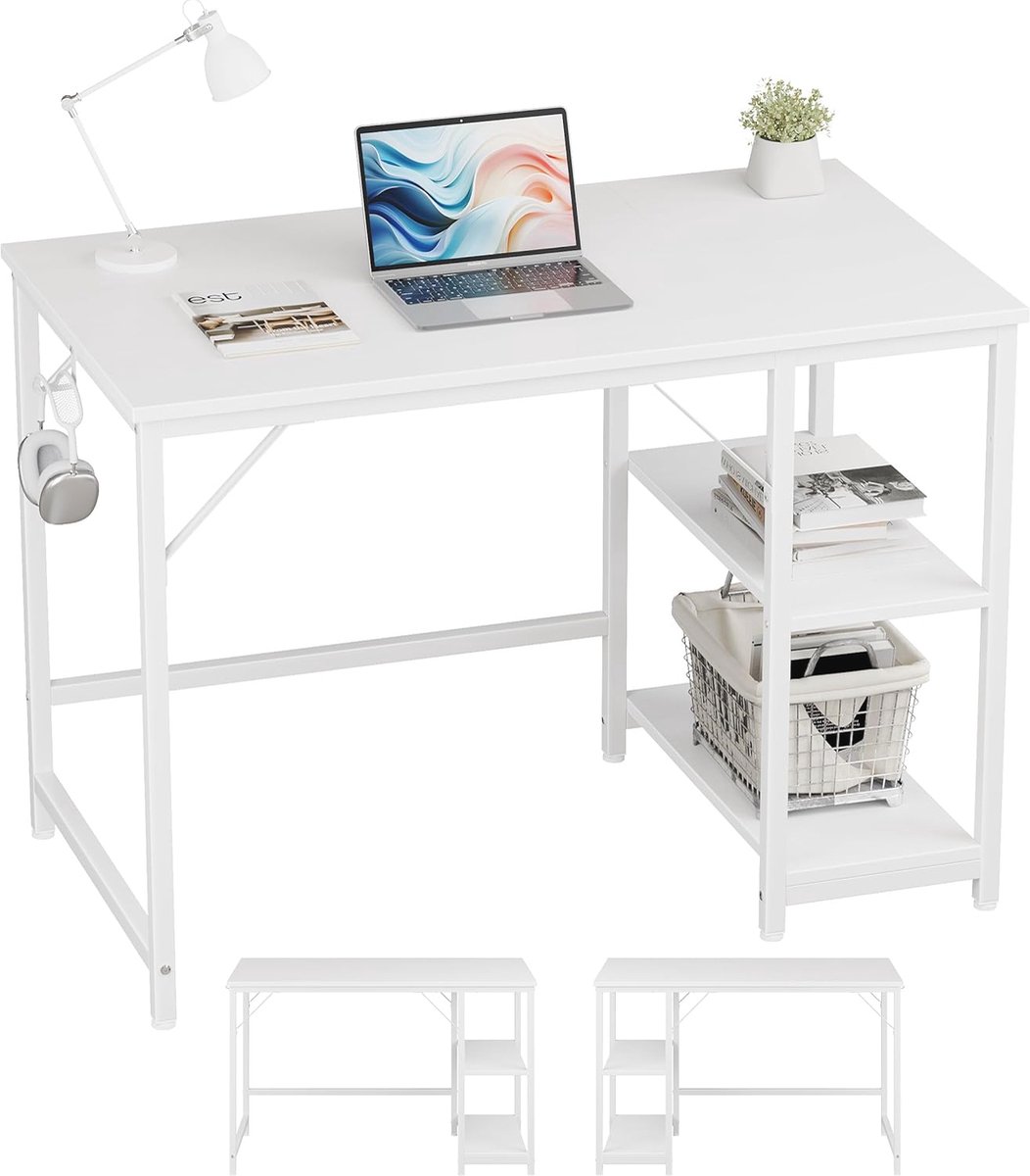 Computer Bureau met Planken voor Gaming en Thuisgebruik, Studie Tafel 100x60cm, Wit
