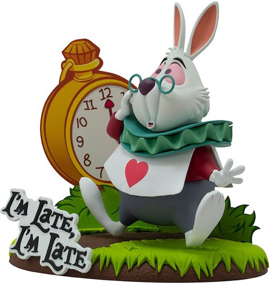 Witte konijn met bril en klok, met de tekst 'I'm Late, I'm Late'.