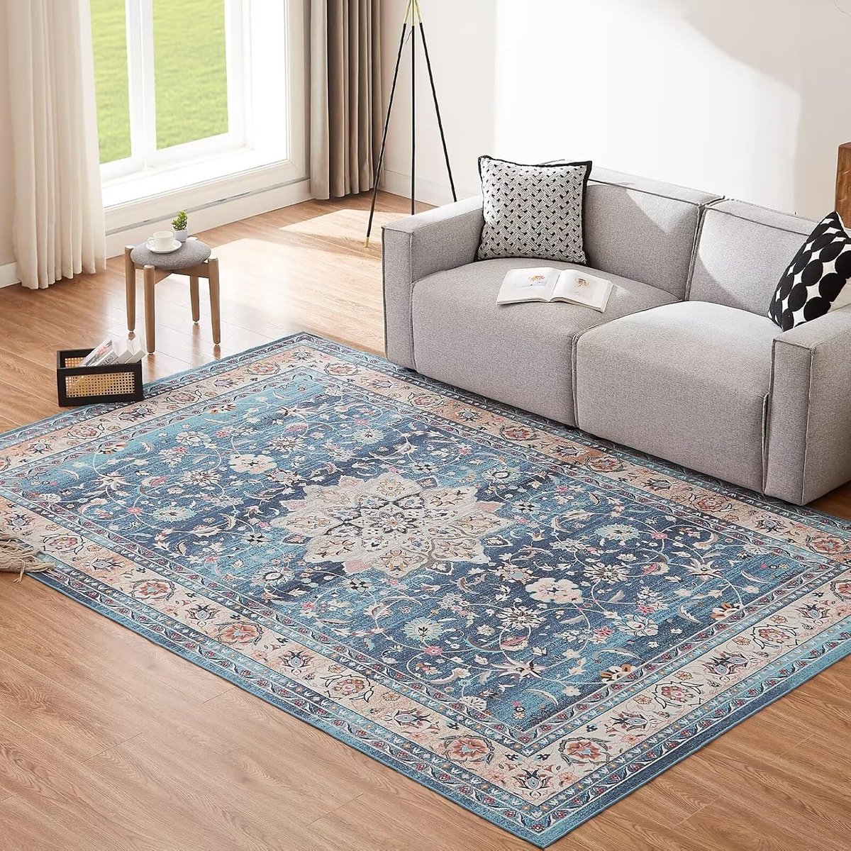 Goodivery ® Wasbare Boho Vloerkleed 200 x 290 cm voor Woonkamer en Slaapkamer, Vintage Stijl, Blauw