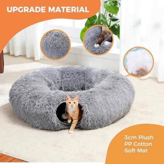 PAWZ Road Pluchen kattentunnel voor huiskatten, 2-in-1, donutvorm, cirkelvormige kattentunnel en kattenbed, grijs