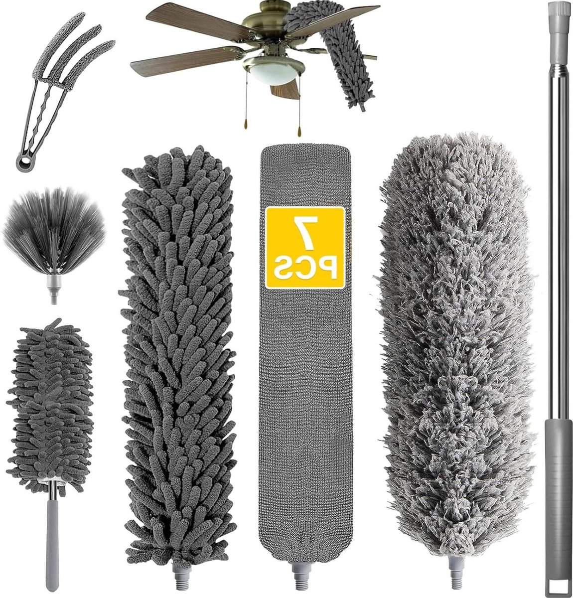 Goedkoopste Intrekbare veren microfiber wasbaar herbruikbaar - 37 tot 232 cm - platte veren - ventilatoren - hoog plafond - jaloezieën - grijs Plumeau