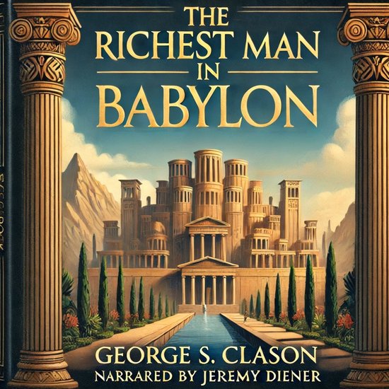 Boekcover "The Richest Man in Babylon" met Griekse zuilen en een Babylonische stad.