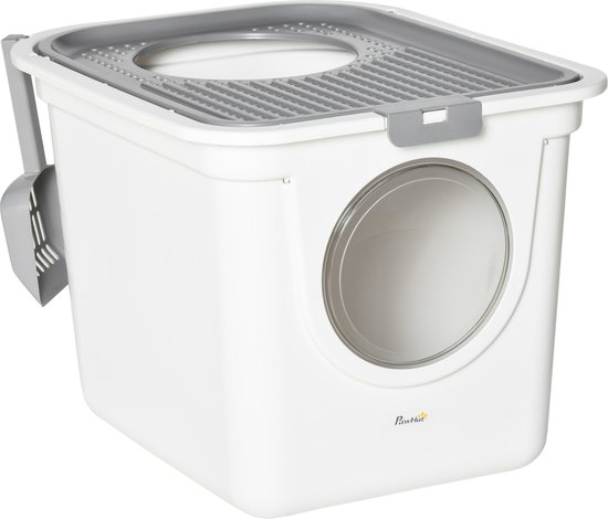 PawHut Kattenbak, Kattenbox Met Deksel, Kattenbakschep, Vooringang En Bovenuitgang Roestvrijstaal Tot 15 Kg~1vrhb3dr1l801