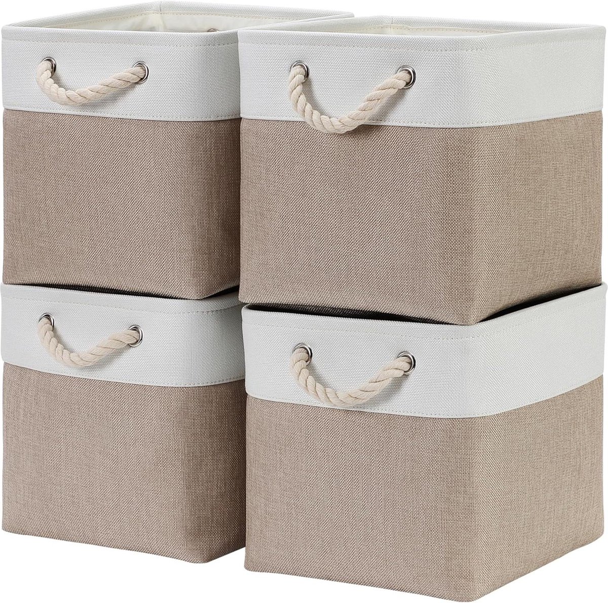 Canvas kubus opbergmand kaki crème 25 x 25 x 25 cm set van 4 stuks