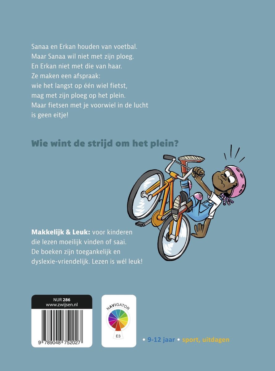 Illustratie van een meisje op een fiets die een wheelie doet. Tekst in het Nederlands.