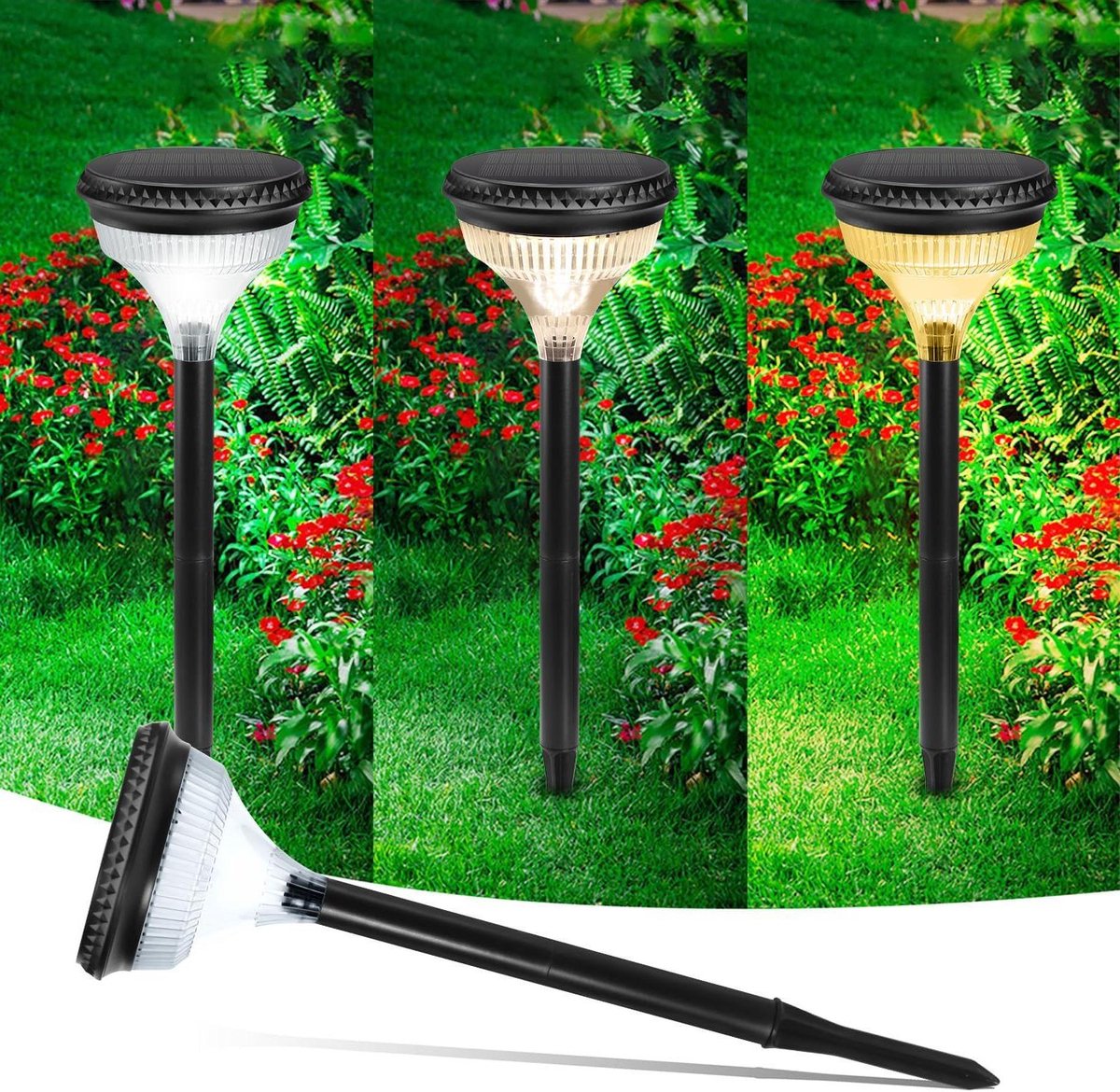 Tuinverlichting op Zonne-energie - Grote zonnelampen - Buiten - Tuin - Superheldere - 1800 mAh batterij - IP65 waterdicht - 24 leds - 3 kleuren - Dimbaar - Padverlichting