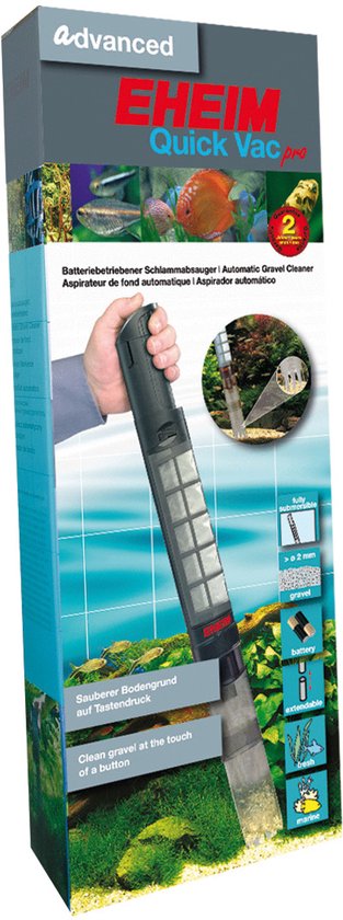 De verpakking van de Eheim Quick Vac Pro met de elektrische aquariumstofzuiger ernaast.