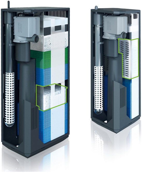 Twee Juwel filters met zichtbare filtermedia, waaronder Amorax.