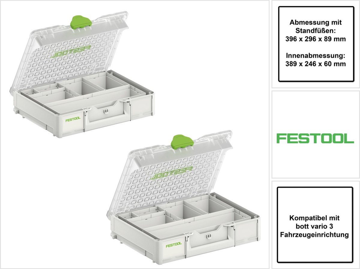 Festool Systainer Organiser SYS3 ORG M 89 6xESB 2 stuks ( 2x 204854 ) Kleine onderdelenkoffer met inzetbakjes