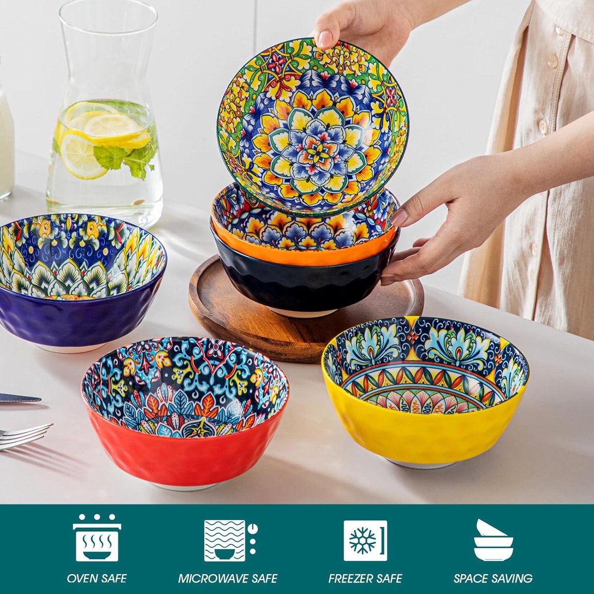 MIAMIO – Set van 4, 820 ml Keramische Soepkommen/Ontbijtkom Set voor Salade, Havermout, Fruit, Rijst – Vaatwasser- en Magnetronbestendig – Aura Collectie (Neutre douillet, Bols (4x