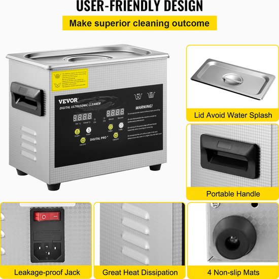 VEVOR Nettoyeur à ultrasons numérique en acier inoxydable avec écran guidé - 3L - 26,5 * 16,5 * 22,5 cm - Pour les laboratoires, Nourriture, la Biologie, les industries médicales et agricoles ou le Nettoyage quotidien - Argent