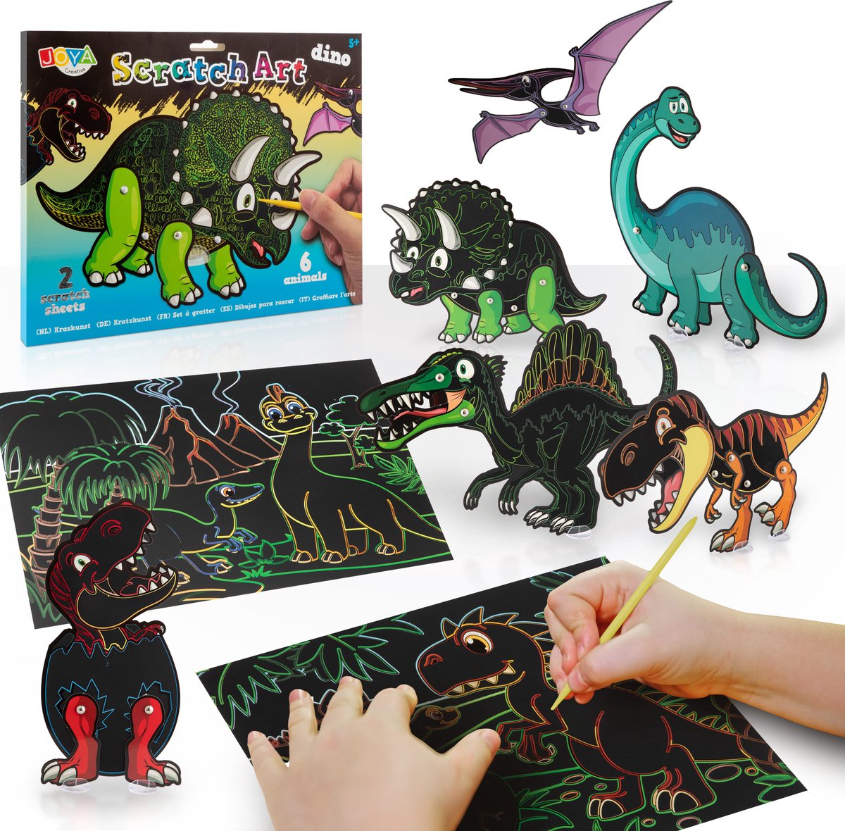 Scratch Art Dino Kinderen - Dino Knutselen - Krasboek - Inclusief 6 Dinosaurussen en 2 Krastekeningen - Met Kras Tools en Beweegbare Elementen - Joya Creative