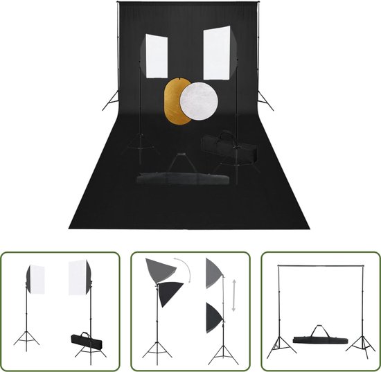 Foto: The living store studioset met telescopisch achtergrondsysteem 600x300 cm stalen statief softboxlampen reflectoren draagtas