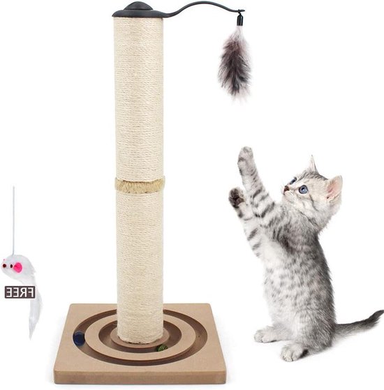 COSTWAY Krabpaal, klein, 4-in-1, krabpaal met zachte zitting & basis & bontballetjes en een touw van sisal, kattenkrabpaal van hout, kattenmeubel, klimboom, activiteitsboom, speelboom, grijs