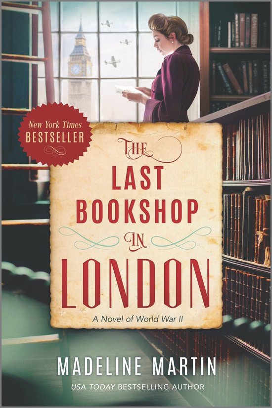 Boekomslag van 'The Last Bookshop in London' met een vrouw die leest, Big Ben en vliegtuigen.