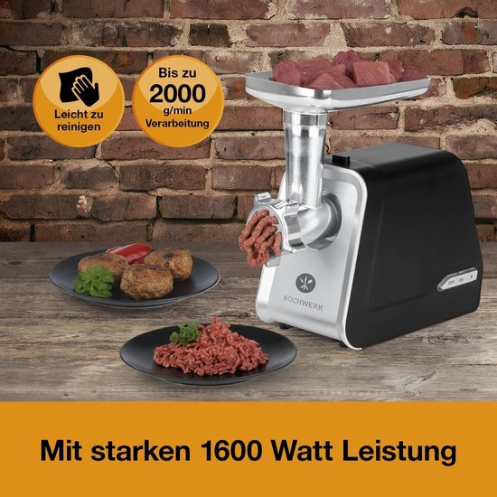 KOCHWERK Elektrische vleesmolen met opzetstuk voor spuitgebak, verwerkt tot 2000 g/min, gehakt, kibbeh, churros en spuitgebak met één druk op de knop, eenvoudige bediening en reiniging [1600 W