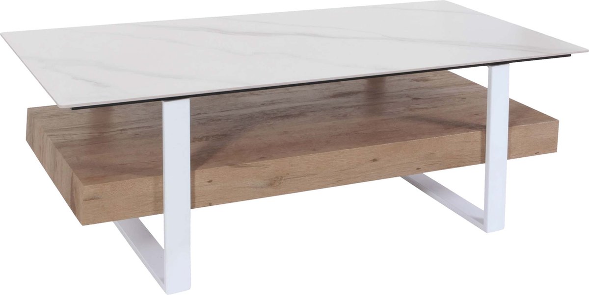 MCW Salontafel MCW-L88, woonkamer tafel tafel, plank ijzer 43x120x60cm gesinterde steen marmer look wit natuurlijk hout