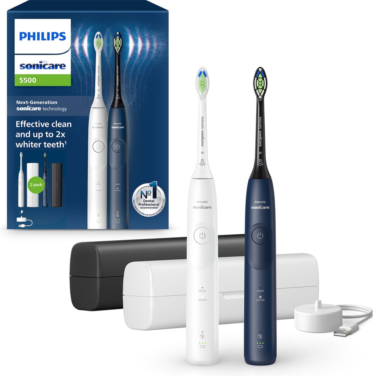 Philips Sonicare 5500 Series - Elektrische Tandenborstels - Wit & Blauw Duopack – 2 Reisetuis - Wittere tanden - HX7119/01