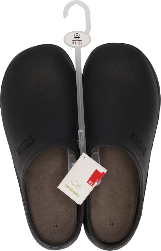 Zwarte, gevoerde tuinklompen met label 'GARDEN CLOGS', maat 41.