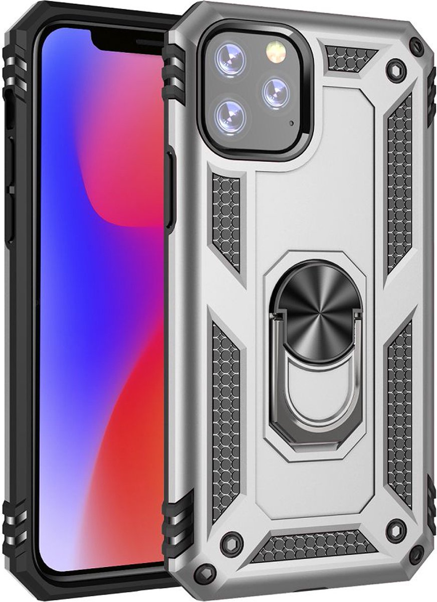 MobyDefend Hoesje - Geschikt voor iPhone 11 - Pantsercase Met Draaibare Ring - Zilvergrijs