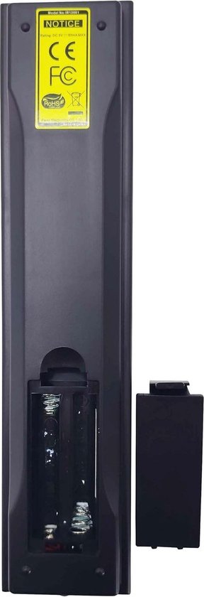 Arrière d'une télécommande noire avec compartiment à piles et autocollants de certification (CE, FC, RoHS).
