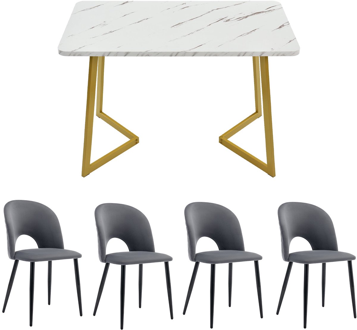 Merax Essgruppe,(Set,117×68cm Esstisch mit 4 Stühlen), Rechteckiger Esstisch Moderner Küchentisch Set ,Samt Esszimmerstuhl Mit Diamantmuster,Verstellbare Stuhlbeine,Grau Samt,Golden Tischbeine Grijs