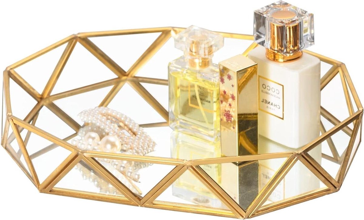 Plateau Miroir Doré Rond 17,5cm - Décoratif Vanité Bijoux Parfum Maquillage Luxe