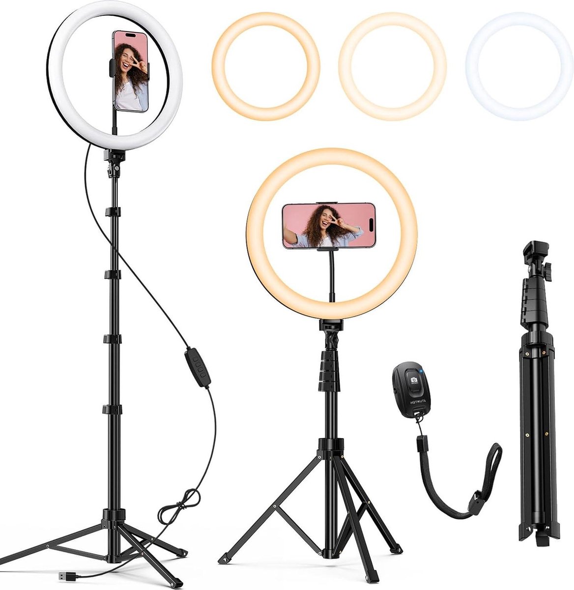 Ringlicht 12'' met groot verstelbaar statief - 3 lichtstanden - 10 niveaus - afstandsbediening - voor Tiktok Youtube Live Stream make-up - statief 160 cm 63 inch