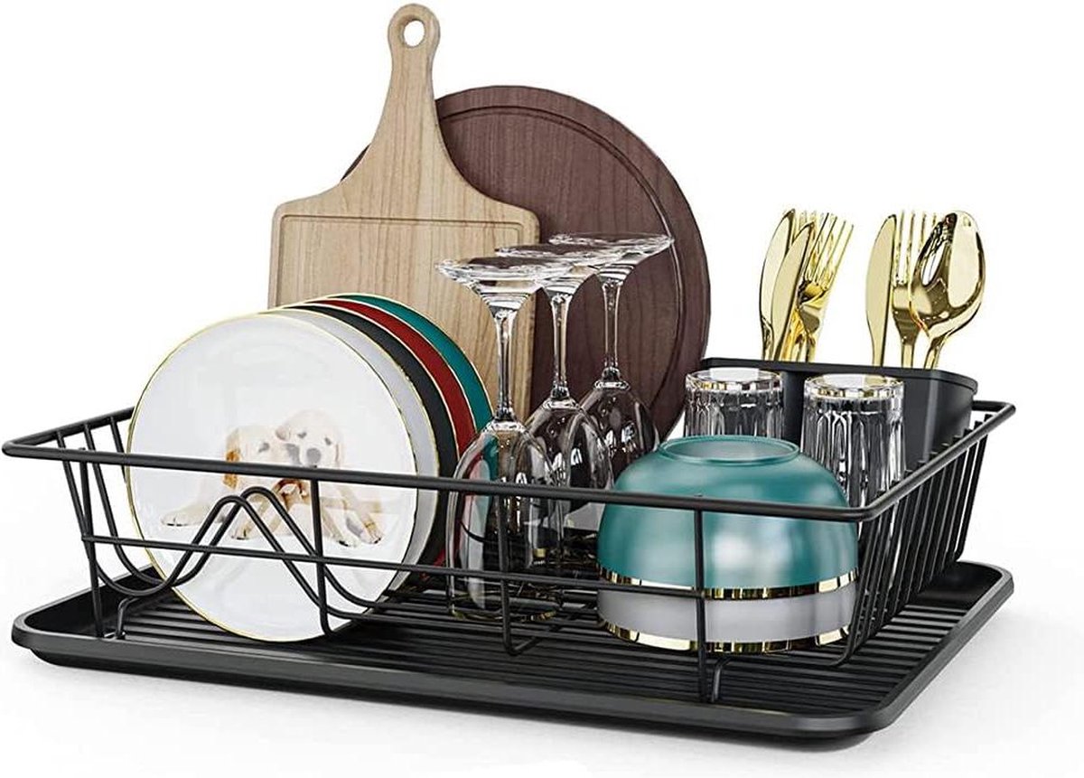 Goedkoopste Afdruiprek frame - servies afdruiprek met afdruipbak - bestekverzamelaar - 42 x 32 x 12 cm - goud - zwart (zwart