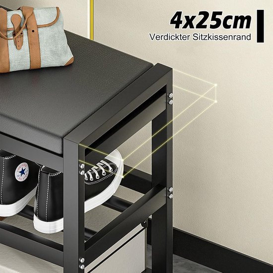 Rack à chaussures avec siège rembourré avec Bench à 3 niveaux - Meuble à chaussures 65 x 25 x 41,5 cm - Acier au carbone Charge 150 kg pour entrée couloir salle de Living salon