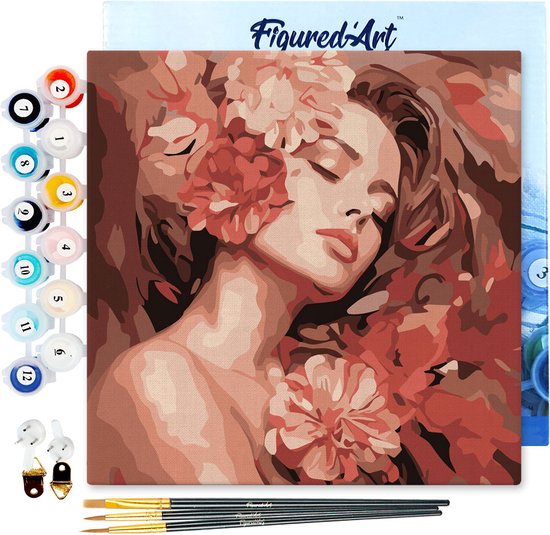 Kit Mini Peinture Par Numéro Figured'Art 20x20cm - Femme Aux Pivoines Avec Cadre - Loisir Créatif