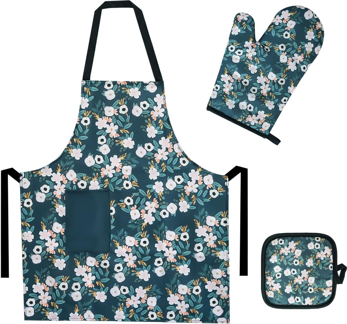 Ovenhandschoenen, polyestermateriaal, bakhandschoenen met schort en pannenlappenset, zacht en , kookhandschoenen met bloemenpatroon, warmte-isolatie tot 230 °C