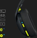 Casque G435 noir avec boutons de commande vert lime et indicateur lumineux.