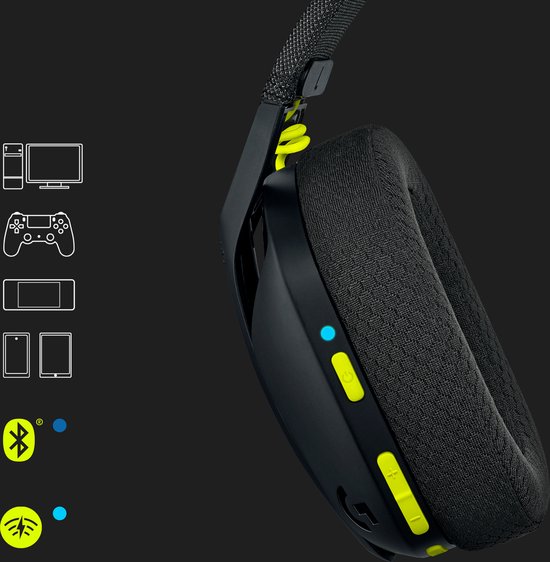 Casque G435 noir avec boutons de commande vert lime et indicateur lumineux.