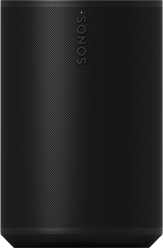 Voorkant van de zwarte Sonos Era 100 speaker met geperforeerd rooster en SONOS logo.