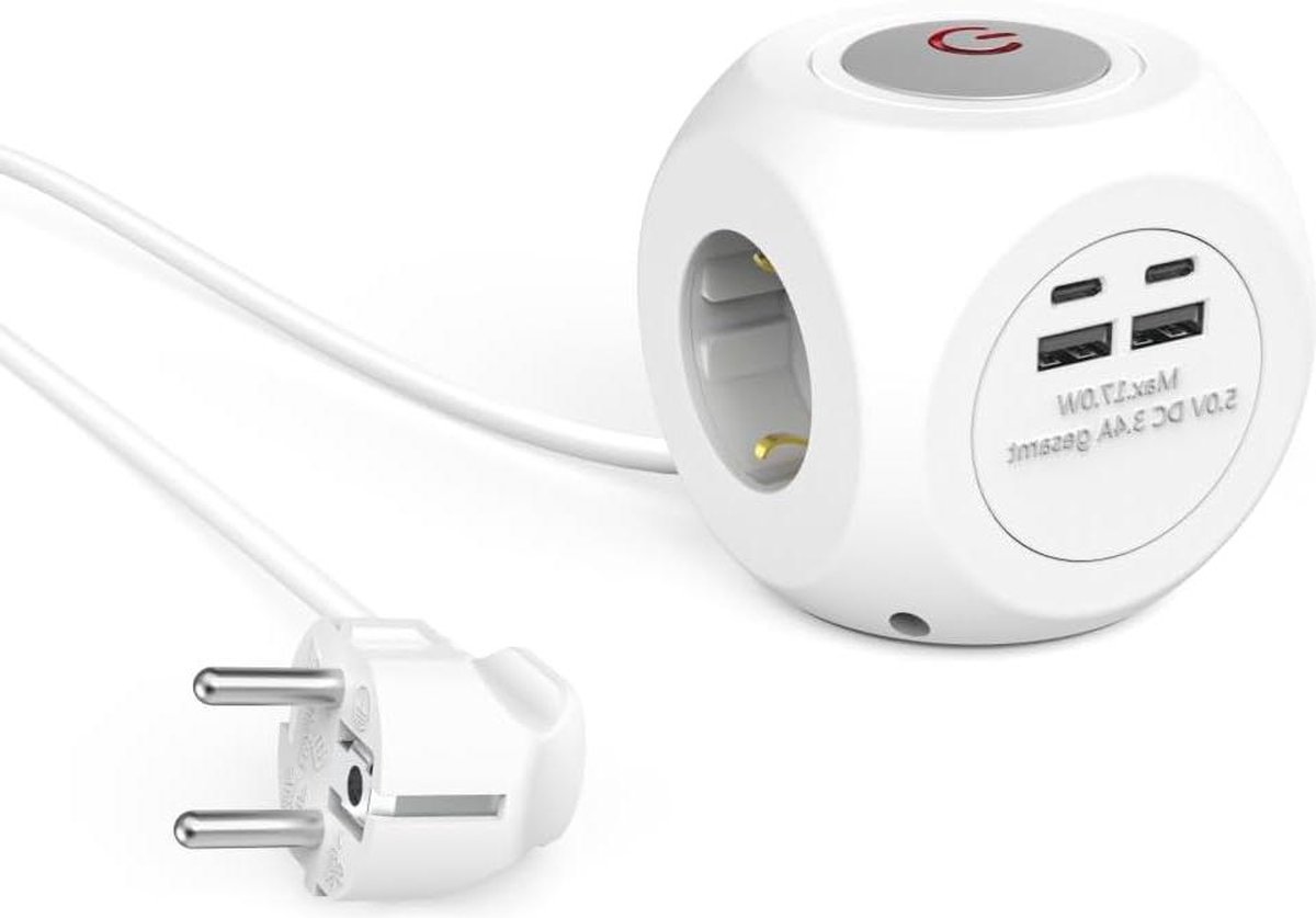 Stekkerdoos Meervoudige kubus met schakelaar - 14 m verlengkabel - 3 stopcontacten - F Schuko - 2 USB-A - 2 USB-C - 3680 W - 16 A - kantoor keuken woonkamer werkplaats garage pc