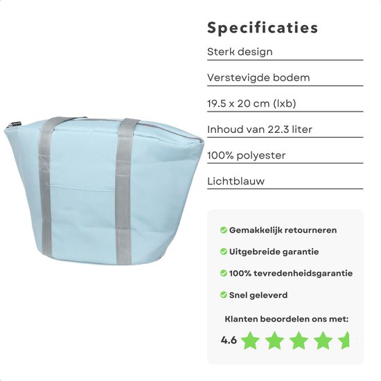 Cheqo® Geïsoleerde Koeltas - 22,3 liter - Blauw - Isolerend - Thermische Binnenkant - Dubbel Handvat - Rits - 18,5 x 18 cm - Verstevigde Bodem - Voor Picknick & Boodschappen van Cheqo — afbeelding 5