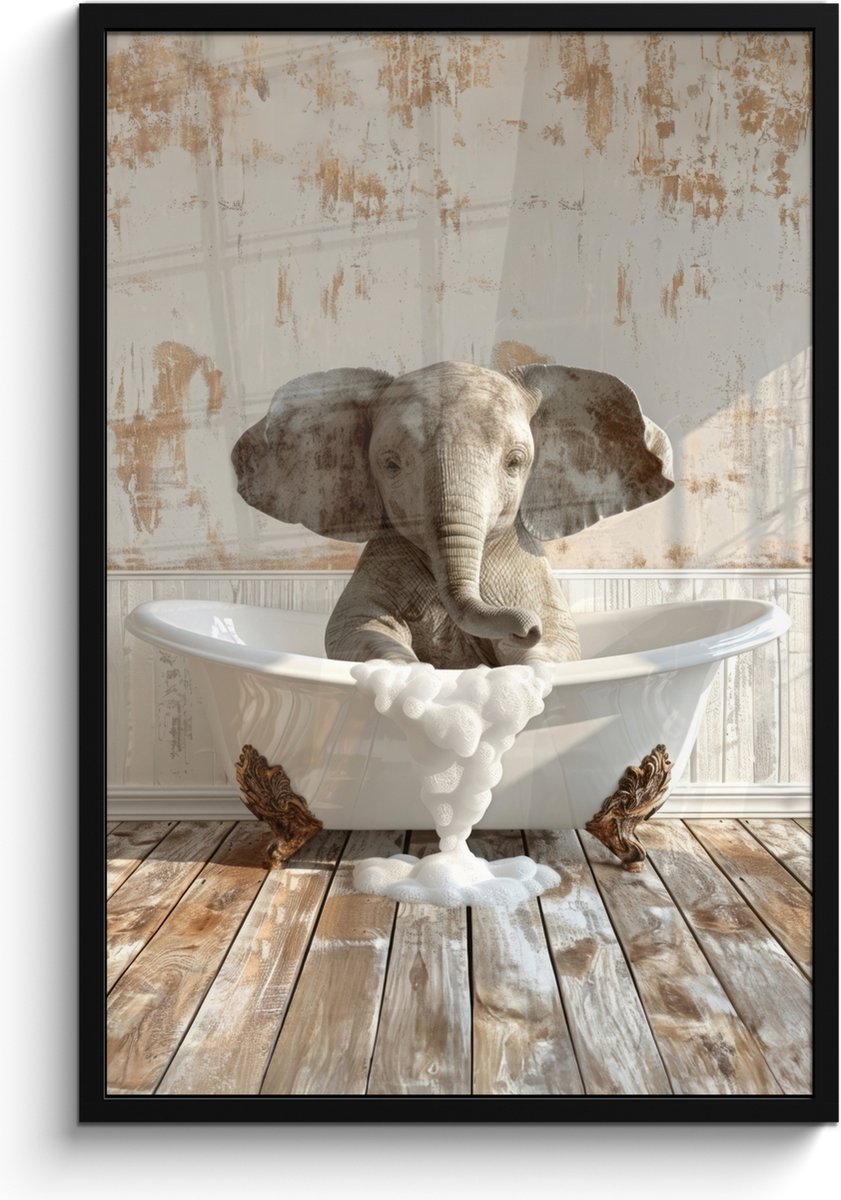 FrameYourWall Poster in lijst - Fotolijst 60x90 cm - Posters - Vintage - Olifant - Badkuip - Schuim - Wilde dieren - Posterlijst zwart - Wanddecoratie badkamer - Muurdecoratie WC - Decoratieve accessoires - Toilet muur decoratie