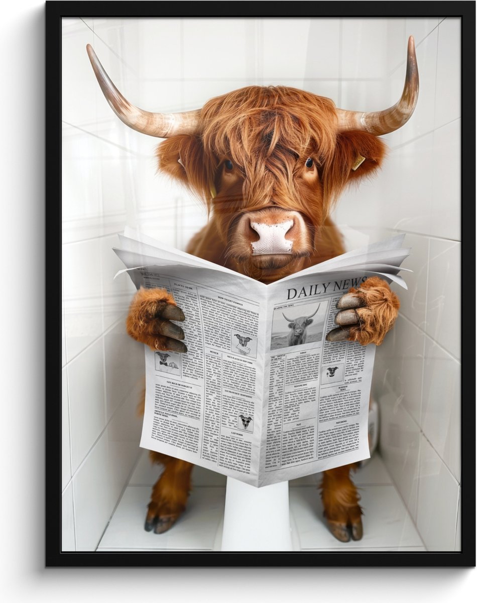 FrameYourWall Poster in lijst - Fotolijst 60x80 cm - Posters - Schotse Hooglander - Dier - Krant - Toilet - Posterlijst zwart - Wanddecoratie badkamer - Muurdecoratie WC - Decoratieve accessoires - Toilet muur decoratie Schotse hooglander - WC