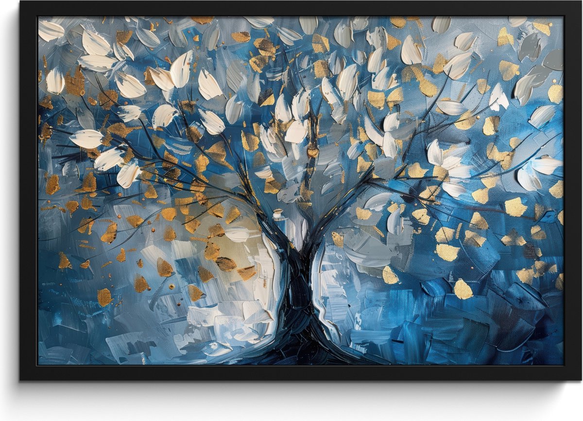 FrameYourWall Poster in lijst - Fotolijst 60x40 cm - Posters - Boom - Blauw - Goud - Abstract - Posterlijst zwart - Decoratie - Wanddecoratie woonkamer - Muurdecoratie slaapkamer Blauw - Levensboom