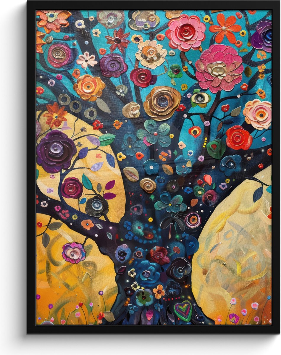 FrameYourWall Poster in lijst - Fotolijst 60x80 cm - Posters - Boom - Levensboom - Kleurrijk - Bloemen - Modern - Posterlijst zwart - Decoratie - Wanddecoratie woonkamer - Muurdecoratie slaapkamer