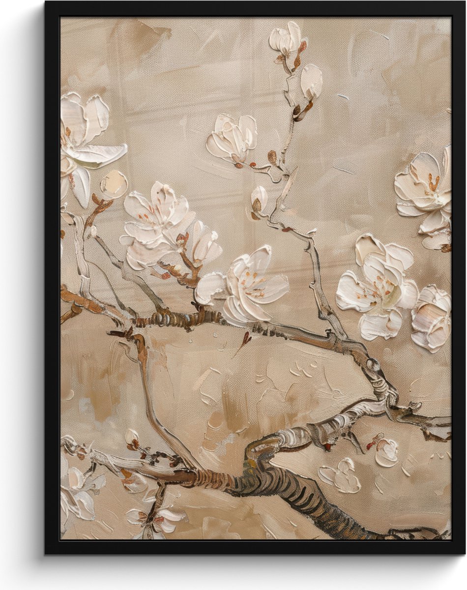 FrameYourWall Poster in lijst - Fotolijst 60x80 cm - Posters - Bloemen - Modern - Beige - Wit - Bloesem - Posterlijst zwart - Decoratie - Wanddecoratie woonkamer - Muurdecoratie slaapkamer