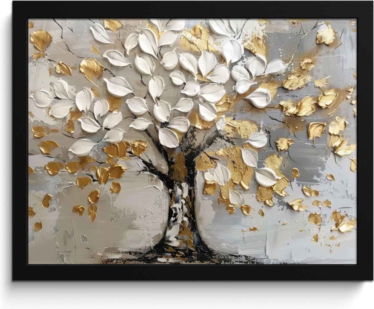 FrameYourWall Poster in lijst - Fotolijst 40x30 cm - Posters - Boom - Beige - Grijs - Goud - Abstract - Posterlijst zwart - Decoratie - Wanddecoratie woonkamer - Muurdecoratie slaapkamer Wit - Goud
